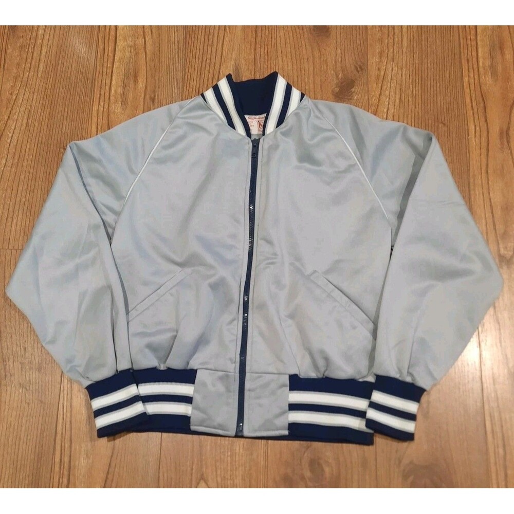 VTG 80s W.A. Goodman Sons Bomber Jacket Silver Grey Blue Varsity Striped Size XS